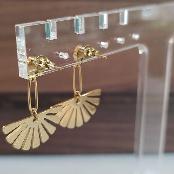 Gold Fan Drop Pierced Earrings - Picture 4 of 8
